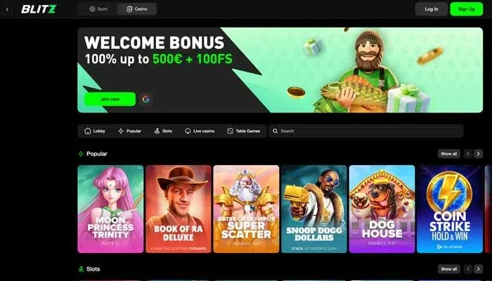 BlitzGo Casino lobby med velkomstbonus